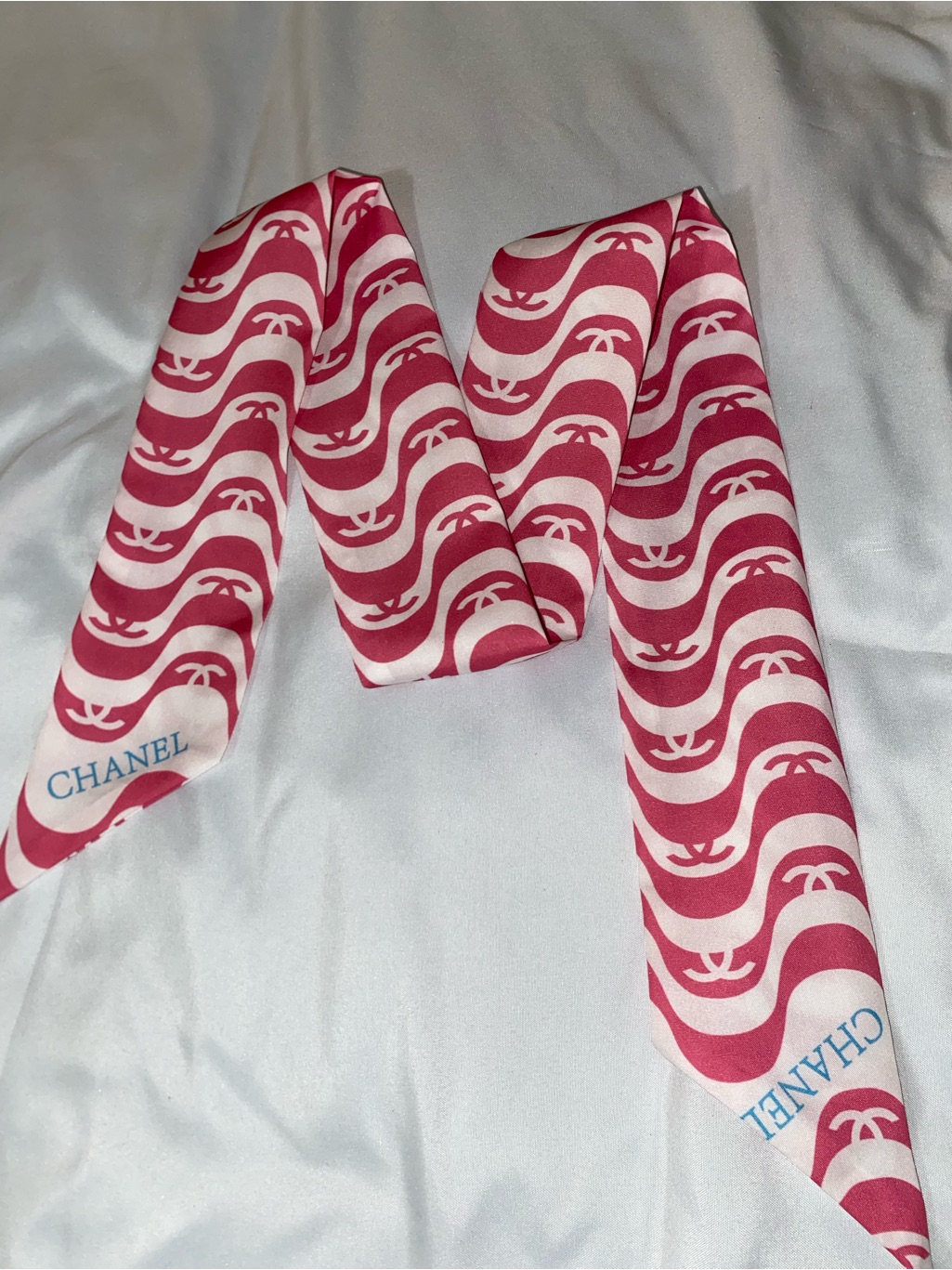Chanel Pink And White Cc Wave Silk Twilly Scarf
